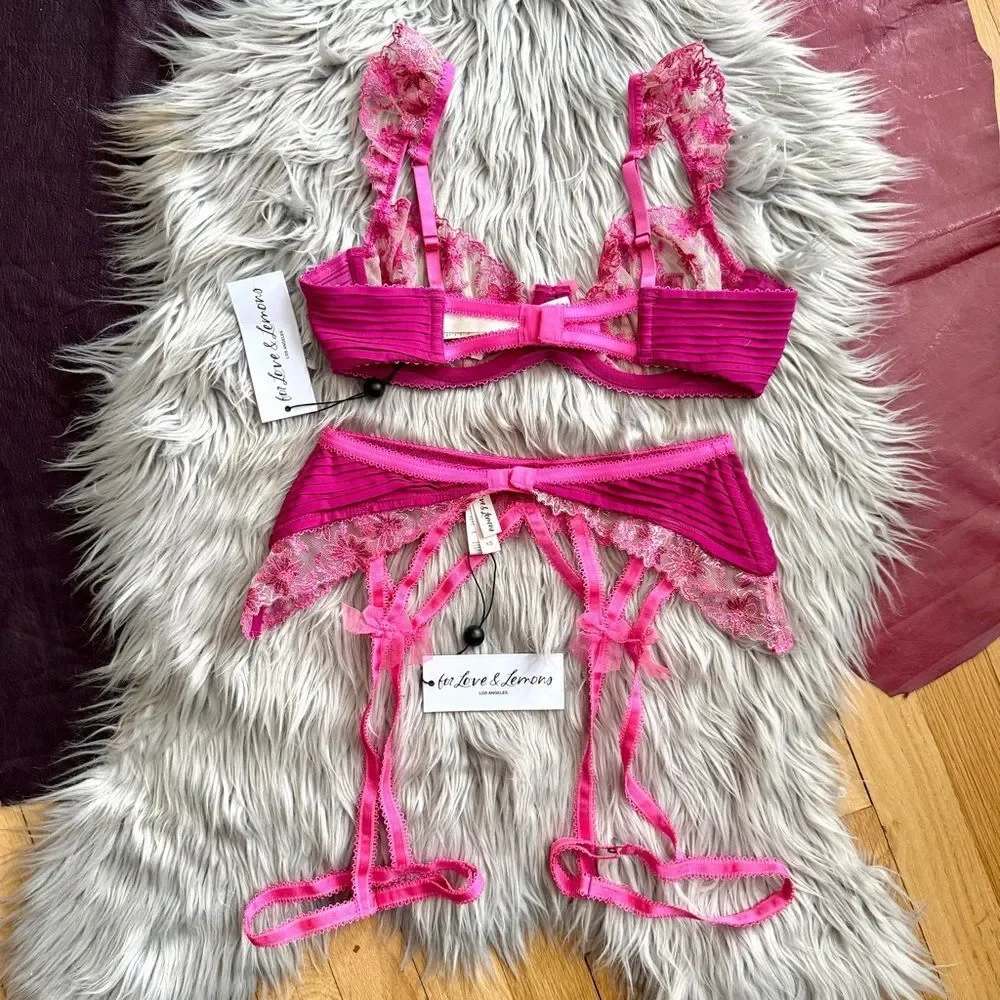 FOR LOVE & LEMONS Ophelie Bra + Matching Garter Belt Fuchsia XS NEW WITH TAGS